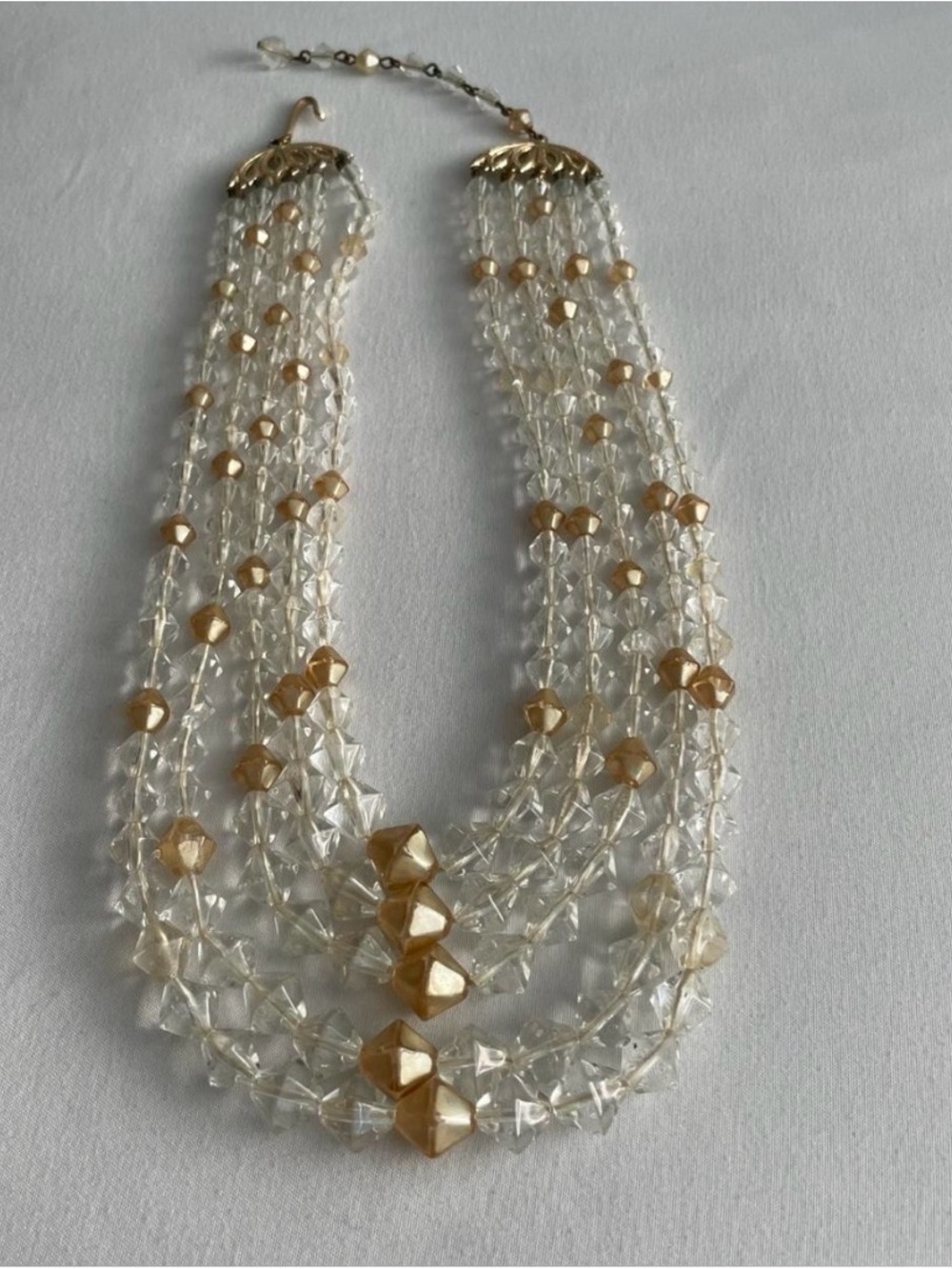 Vintage Crystal Bicone Beads Multi 5 Strand Necklace Cascade Hollywood Gold tone